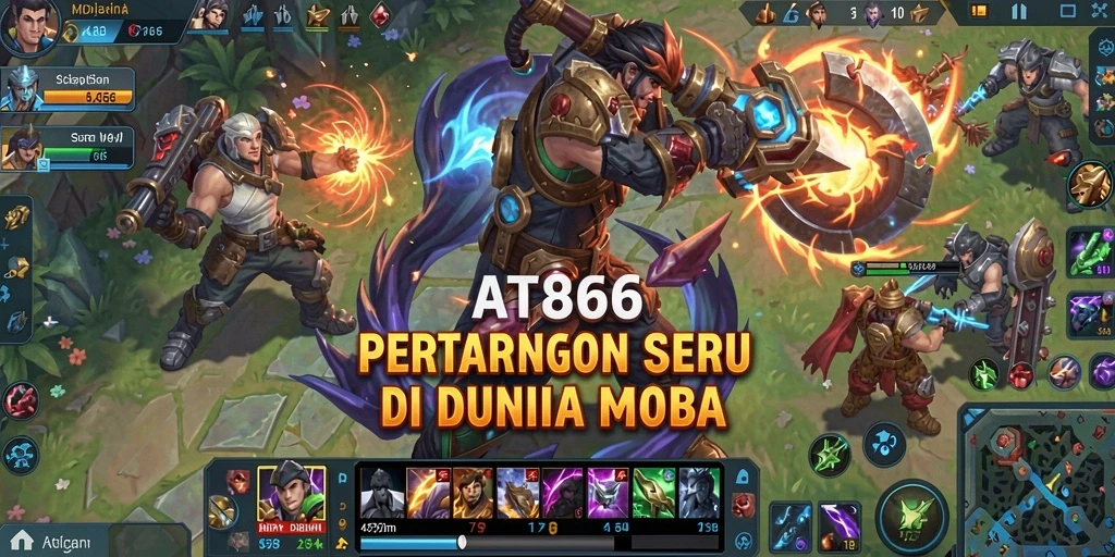 Tangkapan layar utama AT866 yang menunjukkan aksi pertempuran MOBA yang mendebarkan.