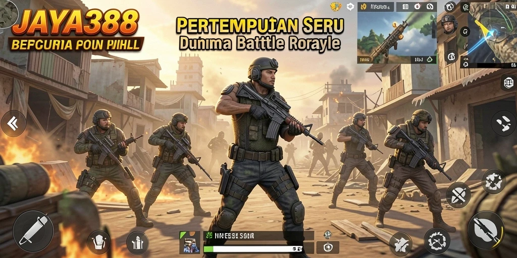 Screenshot utama JAYA388 menampilkan pertempuran intens di peta luas.